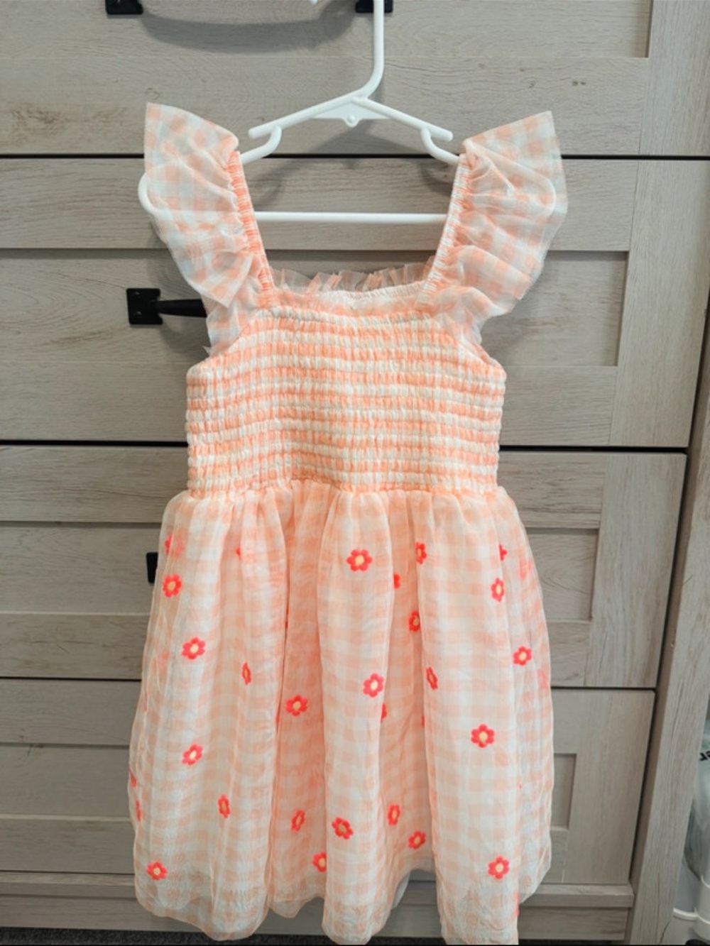 Cat & Jack Peach Gingham Daisy Sundress with Neon Floral Accents